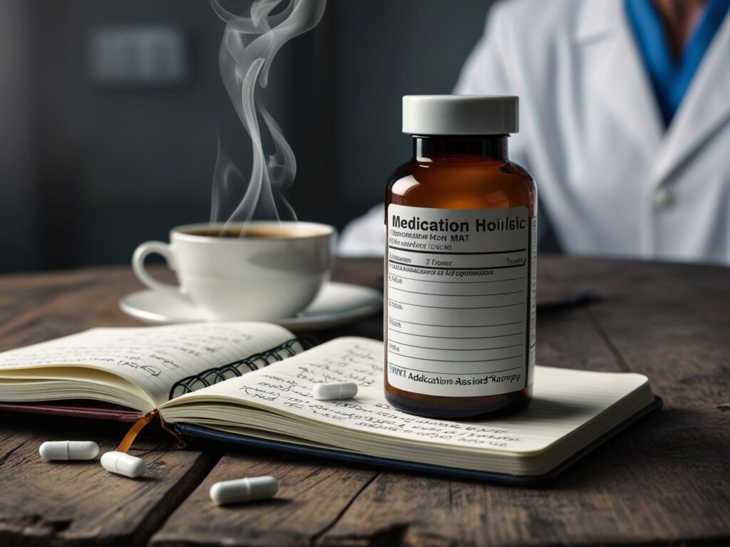 A close-up of medication-assisted treatment (MAT) options with a notebook and coffee, representing the integration of medication in addiction recovery.