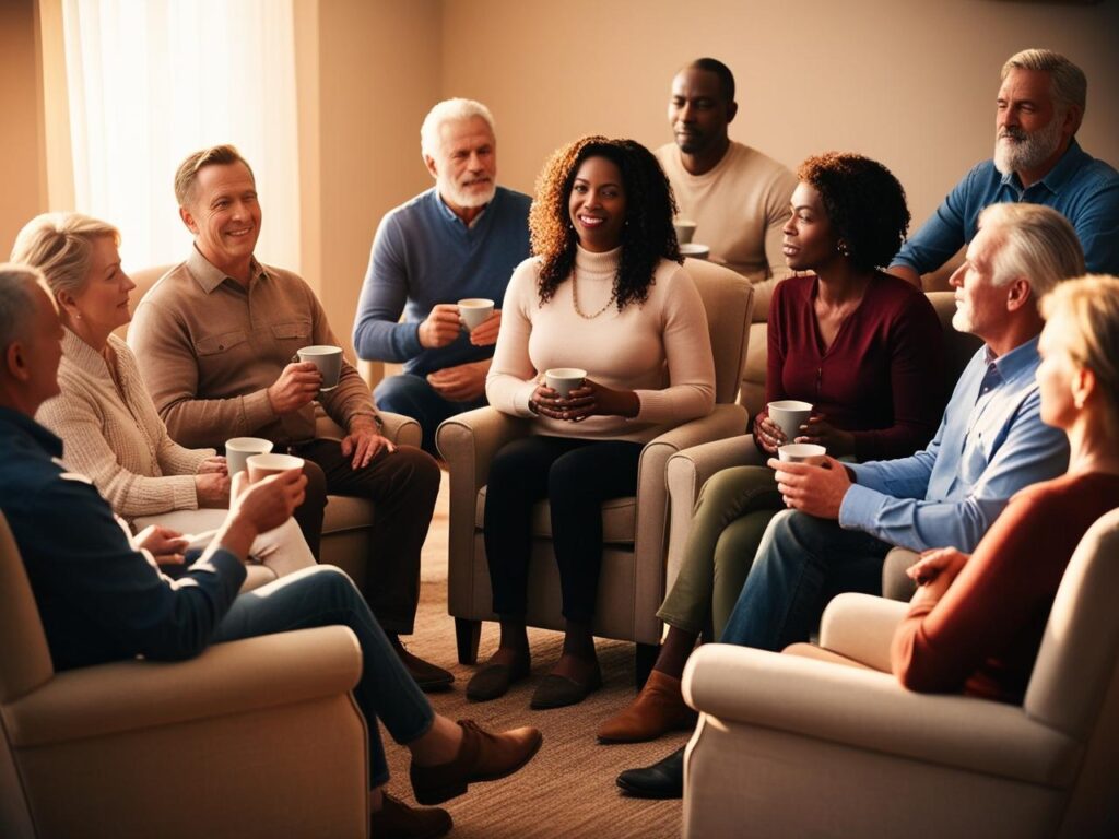 A support group sitting in a circle, participating in a 12-Step program for addiction recovery.