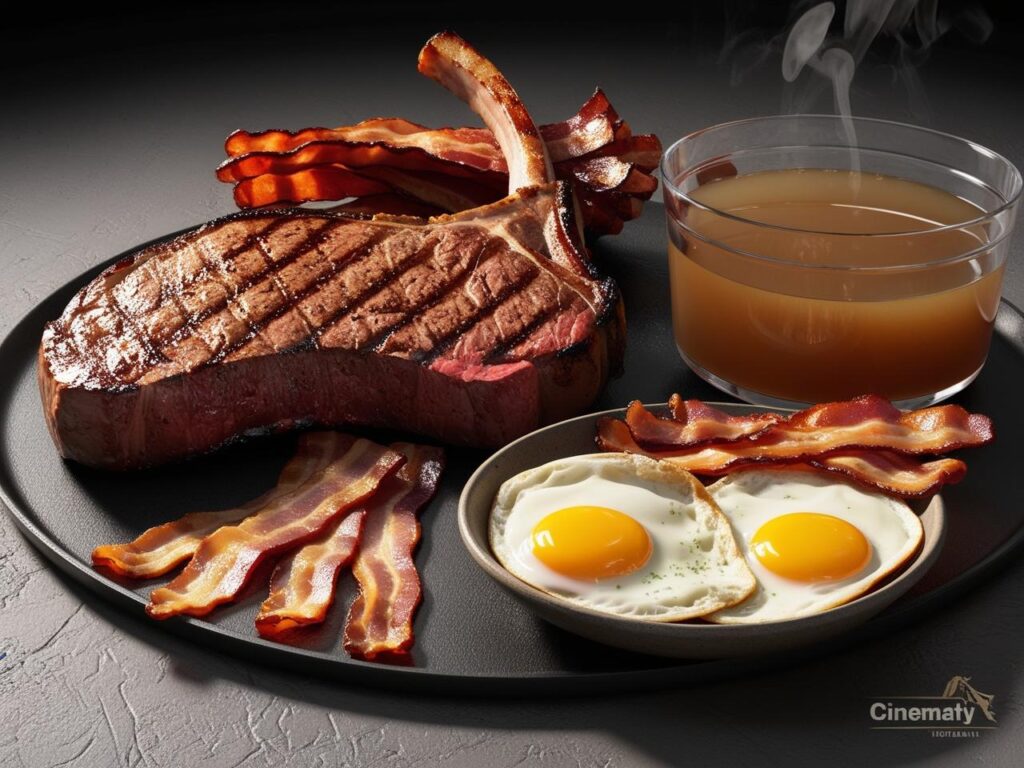A carnivore meal with grilled steak, bacon, eggs, and bone broth, showcasing an animal-based diet with no carbs.