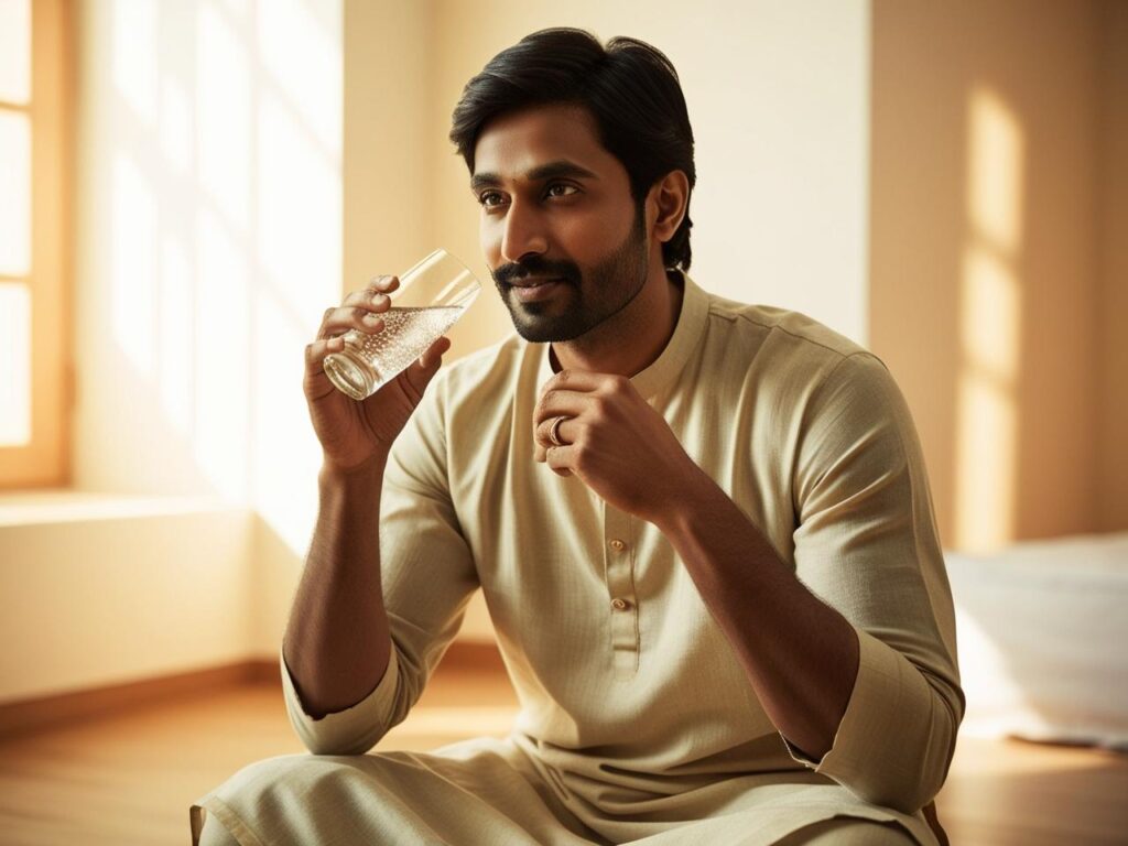 Person drinking a refreshing glass of water.