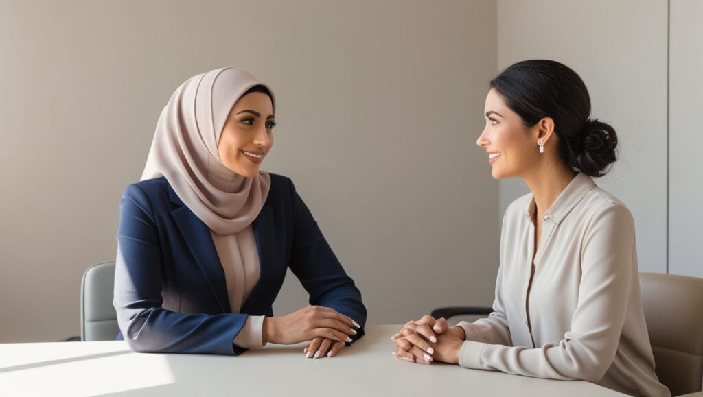 Therapist and client engaged in a conversation about addiction recovery during a behavioral therapy session.