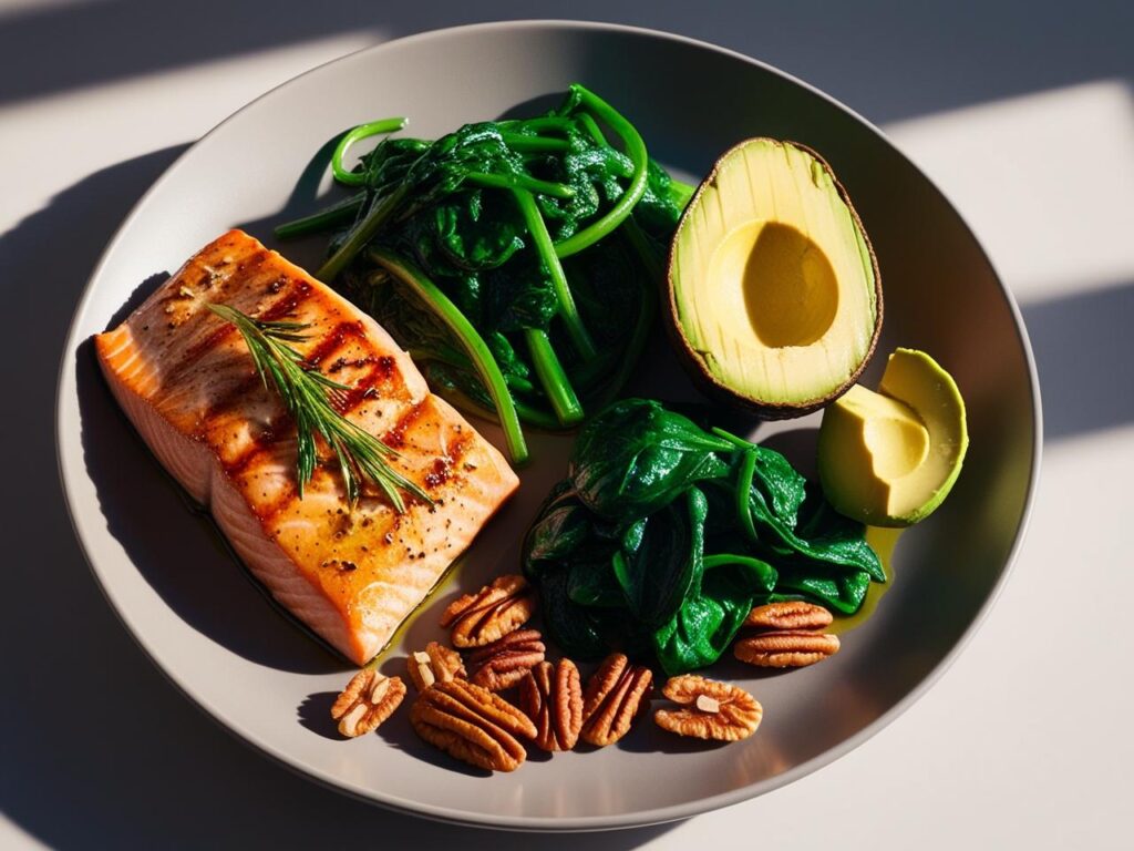 Keto-friendly meal plate with grilled salmon, sautéed spinach, avocado, and nuts.