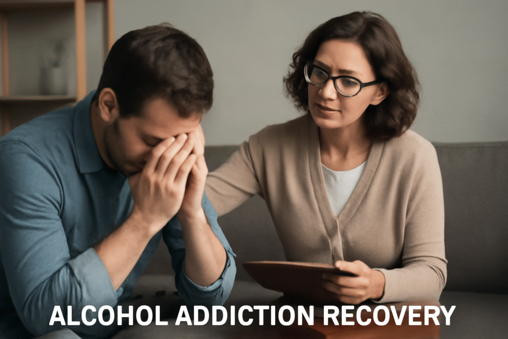 A person receiving support during alcohol addiction recovery therapy, with a comforting professional offering guidance in a calm, supportive environment. Symbolizing the journey from addiction to healing.