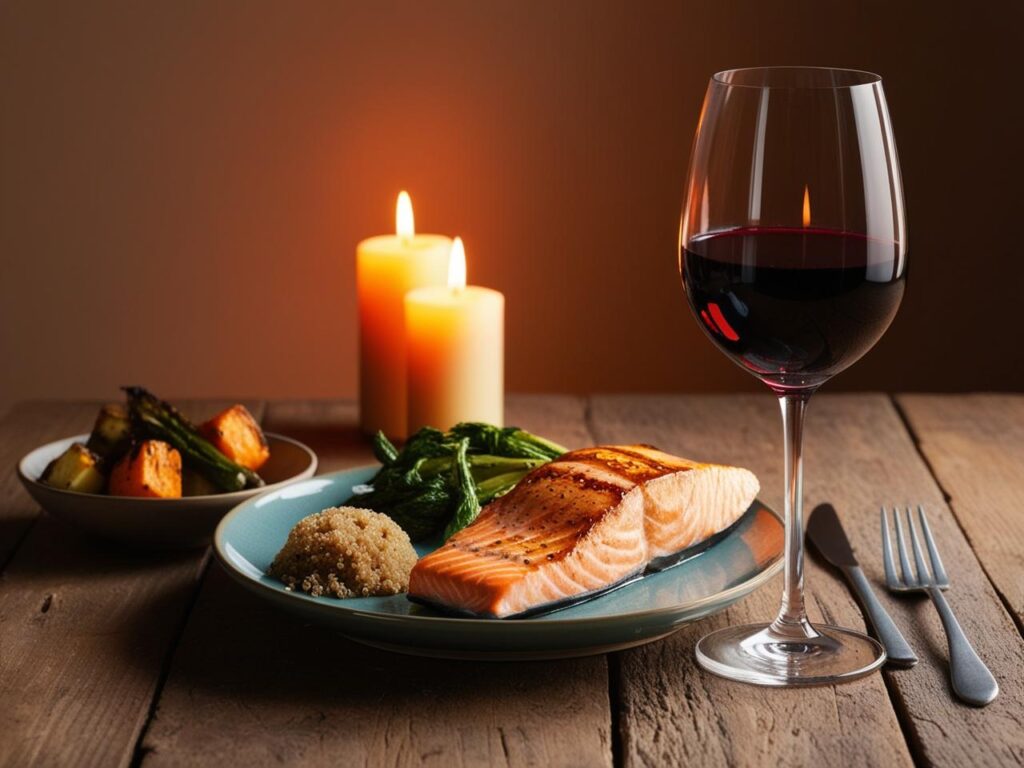 Glass of wine paired with a healthy meal.