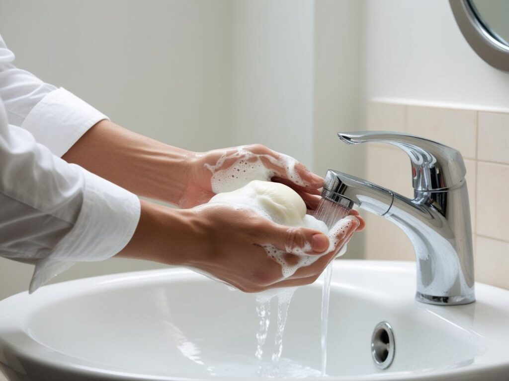 Washing hands thoroughly with soap to maintain hygiene.