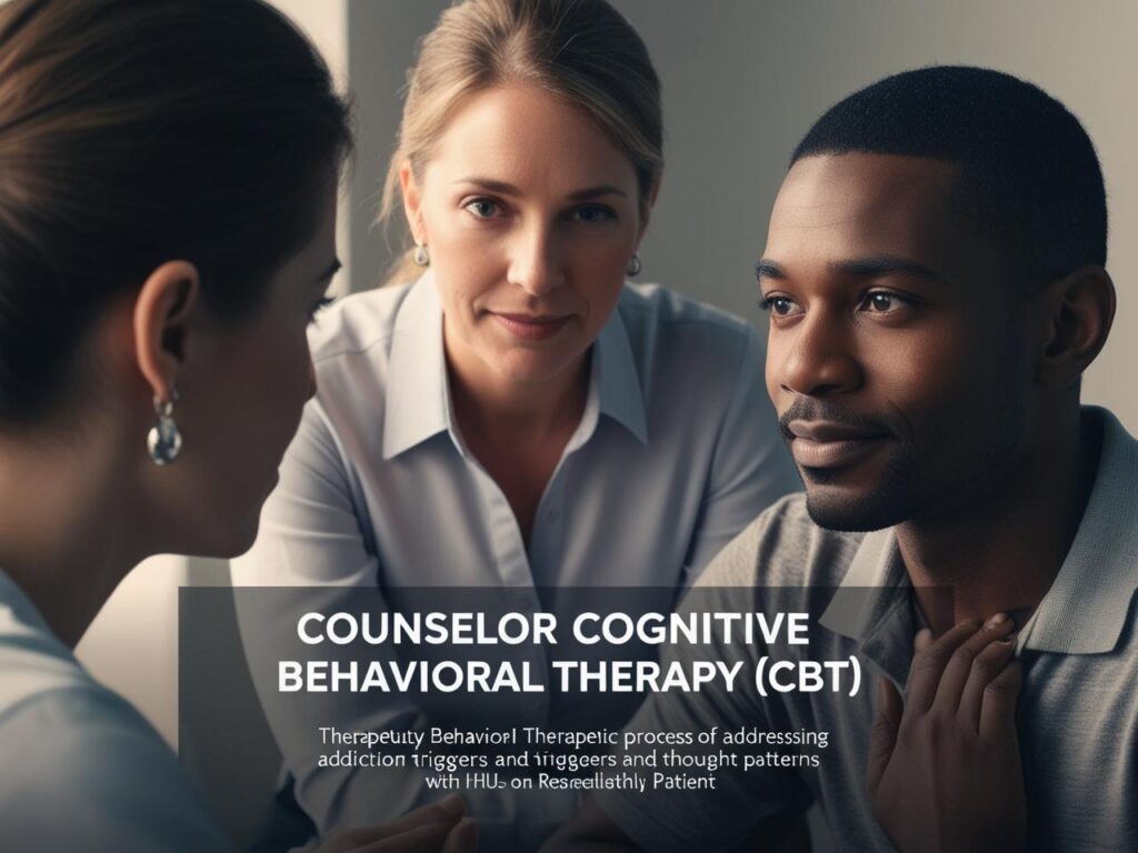  counselor and patient in a one-on-one therapy session, engaging in Cognitive Behavioral Therapy to address addiction triggers and thought patterns.