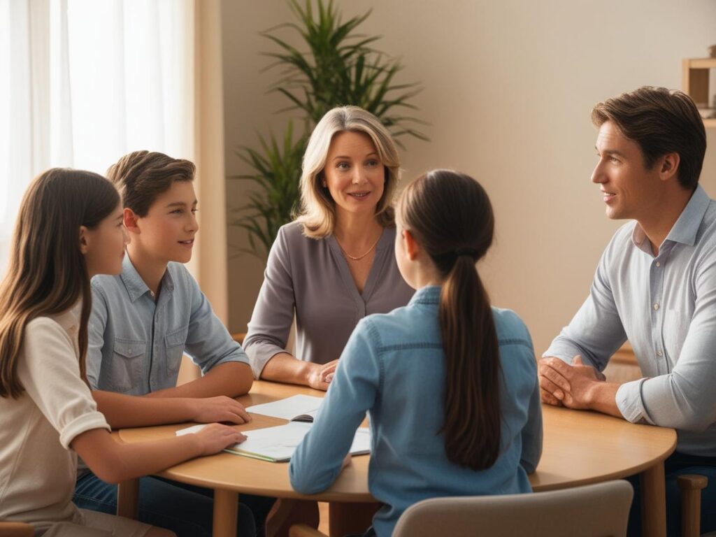 A family therapy session where a counselor is guiding a family through the process of healing and supporting a loved one in recovery.
