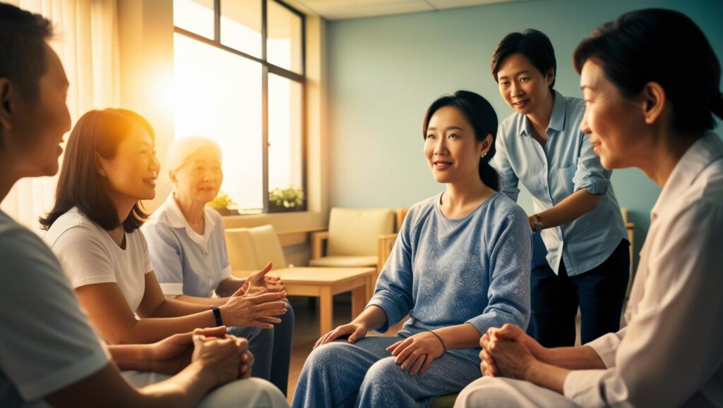 A group therapy session in a rehab center, with individuals sharing their experiences and supporting each other during addiction recovery.