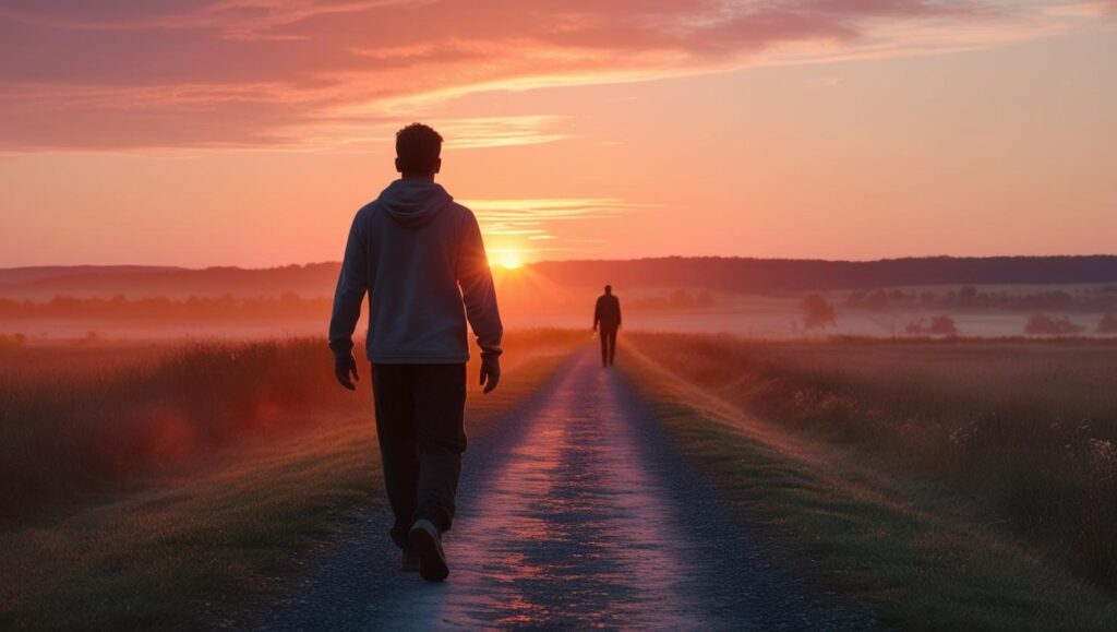 A person walking along a peaceful path at sunrise, symbolizing the journey of addiction recovery and hope.