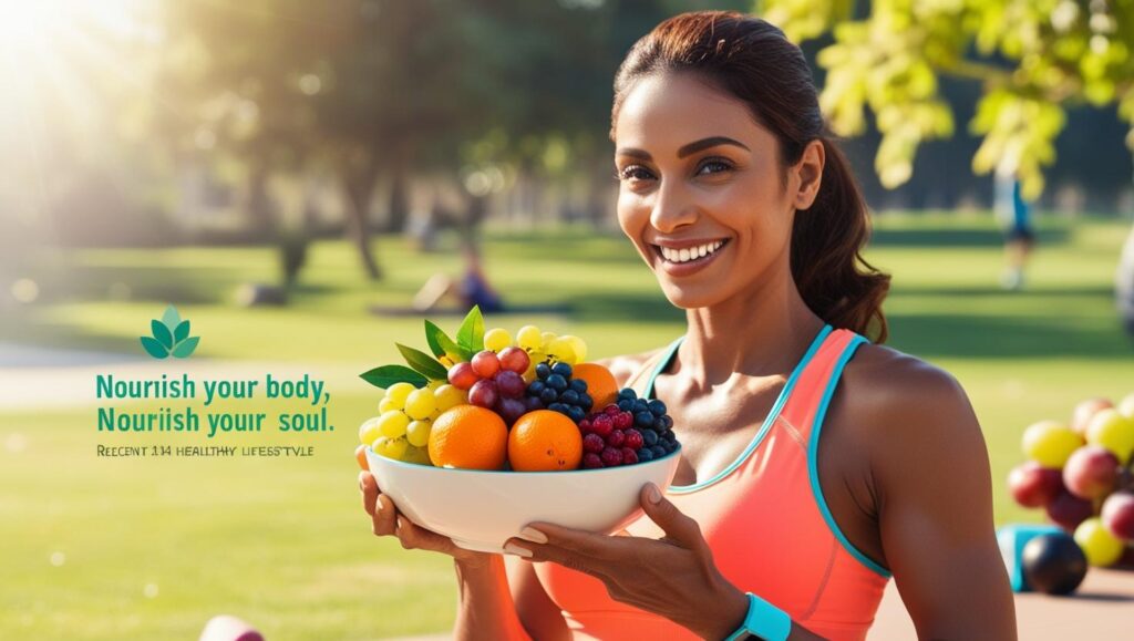 A person embracing a healthy lifestyle through nutritious food and regular exercise.
