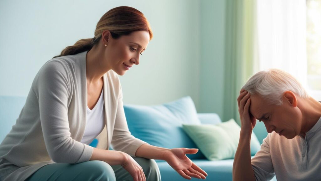 A person offering emotional support to someone struggling with mental health issues.