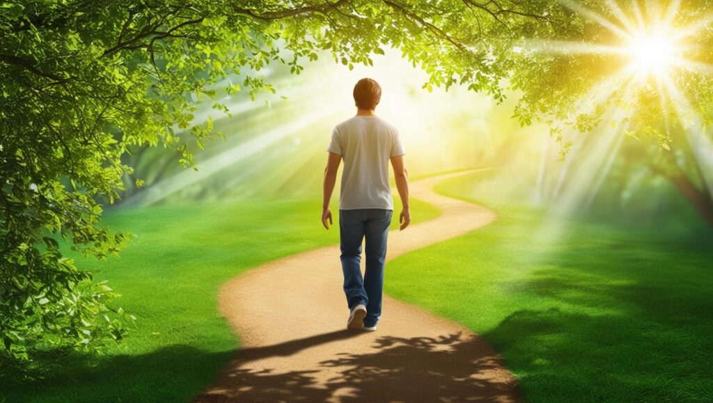 A person walking down a serene path in nature, representing hope and recovery from addiction.