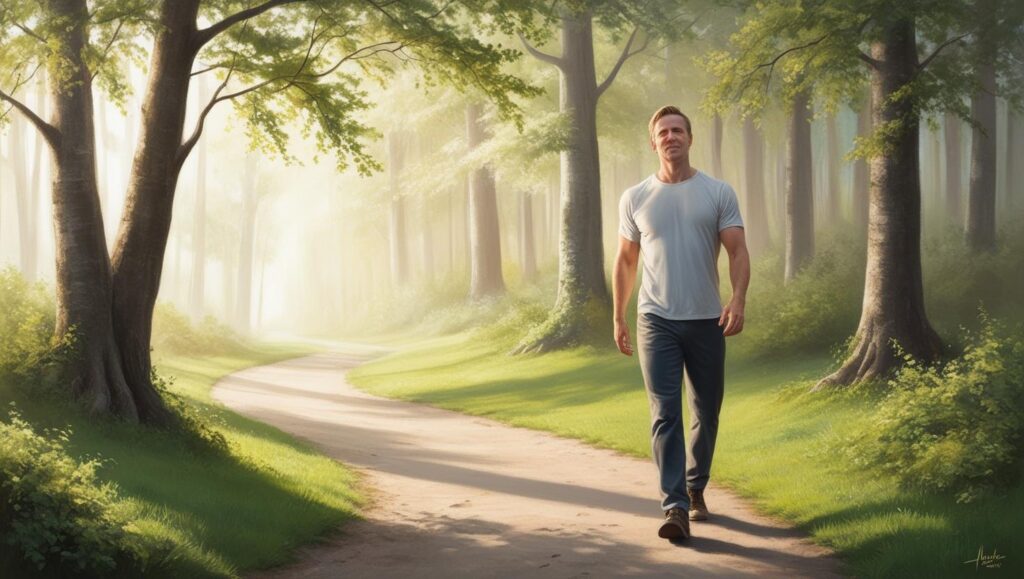 A person walking down a tranquil forest path, symbolizing recovery and new beginnings in addiction treatment.