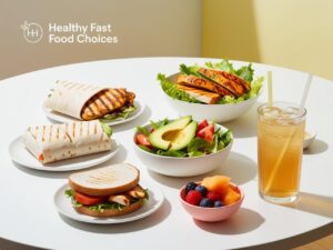 A variety of healthy fast food meals including a grilled wrap, veggie sandwich, salad bowl, fruit cup, and iced tea, displayed on a light background for a clean and modern look.