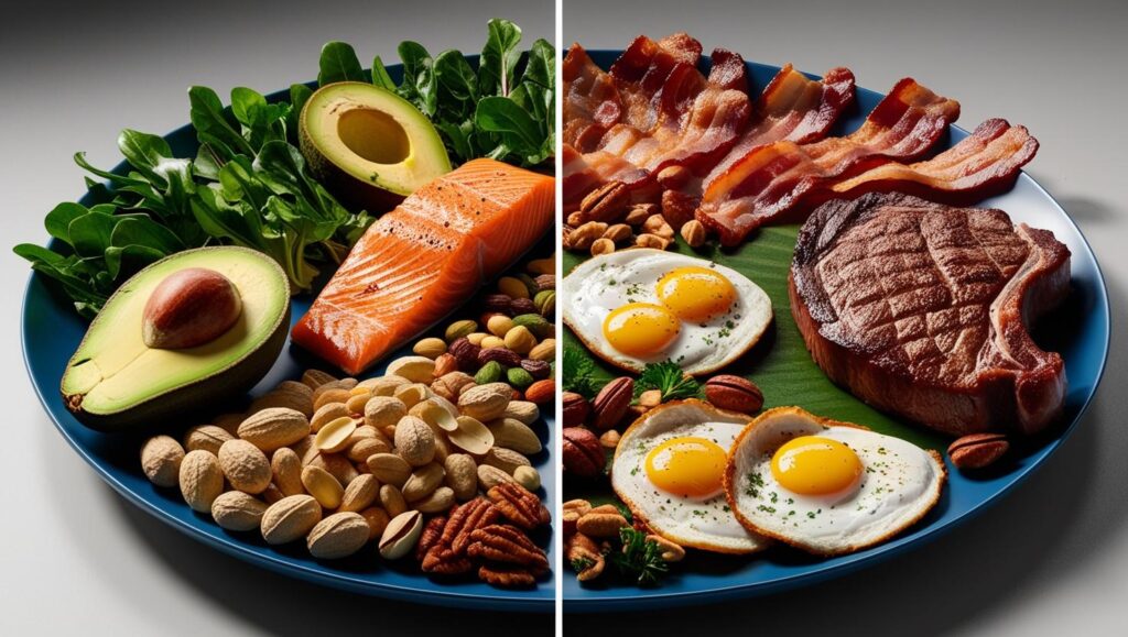 Keto Diet vs. Carnivore Diet: A split plate showing keto foods on one side and carnivore foods on the other.