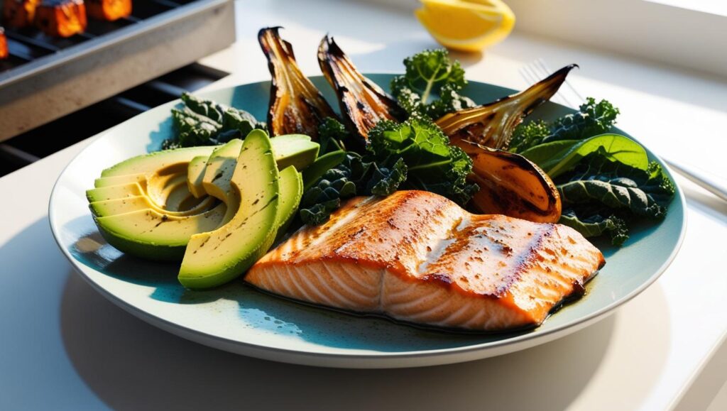 Delicious and nutritious keto meal with avocado, grilled salmon, and roasted vegetables on a clean white plate.