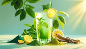 Glass of wellness drink surrounded by natural boosting additives like matcha, spirulina, lemon, ginseng, and mushrooms on a clean, bright background.