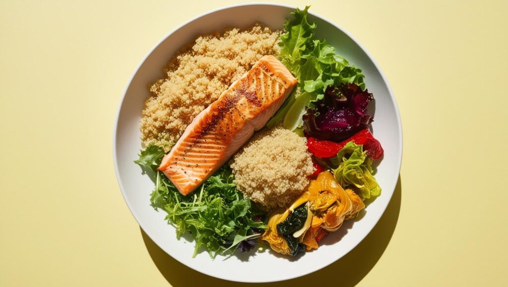 Fresh gut-healthy meal with vegetables, salmon, and fermented foods on a white plate.