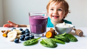 Colorful kid-friendly immunity smoothie with fresh ingredients like berries, turmeric, spinach, and honey, next to a smiling child reaching for it.