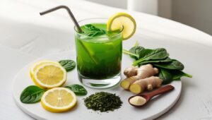 Flat lay of a green metabolism-boosting drink with fresh lemon, ginger, and greens on a bright kitchen counter.