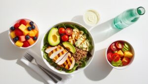 Healthy fast food meal with grilled chicken, avocado, quinoa, and fresh vegetables in a salad bowl, paired with fruit and sparkling water.