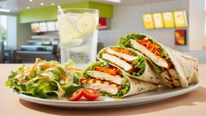 Healthy fast food meal with grilled chicken wrap, fresh vegetables, side salad, and a refreshing drink, showcasing nutritious dining options.