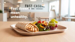 Healthy fast food tray with grilled chicken wrap, side salad, fruit cup, and sparkling water in a modern restaurant setting.