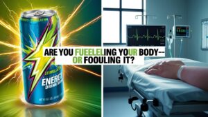 Split-screen image showing an energy drink can beside a hospital heart monitor with erratic spikes, highlighting health risks of booster drinks.