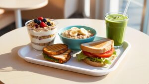 Tray of gut-healthy fast food items including yogurt parfait, oatmeal, grilled chicken sandwich, and green smoothie in a bright café setting.